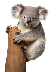 Koala hugging a tree on isolated background