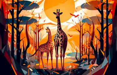 Fotobehang cartoon scene at the zoo featuring a graceful giraffe and its adorable baby © Алла Морозова
