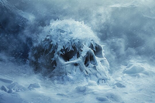 A skull is completely covered in ice and water, creating a chilling and captivating image, An artistic rendition of a frostbite case, AI Generated