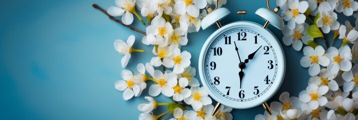 White alarm clock and blossom branches white yellow springtime flowers on blue background. Spring forward, Time Change, Daylight Saving Time Ends, Generative ai - obrazy, fototapety, plakaty