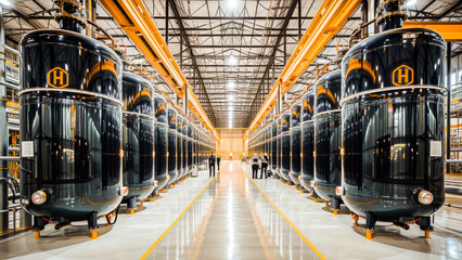 Workers inspecting fermentation tanks in a modern brewery production facility with an industrial design.