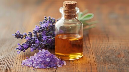 Lavender flowers with oil in bottle and salt on brown wooden table	
