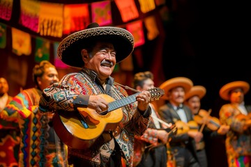 A joyful mariachi musician playing guitar, wearing a traditional charro suit and sombrero, during a...