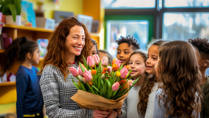 Fototapeta na wymiar Smiling teacher receiving a bouquet of tulips from her diverse group of young students, expressing appreciation in a bright classroom.