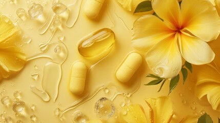 Capsules of oil with fresh flowers. Nutritional supplement