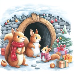A delightful depiction of three squirrels celebrating Christmas, sharing a moment of joy. Ideal for seasonal designs and greeting cards.
