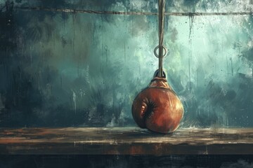A detailed painting capturing a boxing bag as it swings from a sturdy rope in a gym, An artistic representation of the calm after a high-intensity boxing session, AI Generated