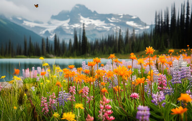Scenic summer landscape with colorful wildflowers and a butterfly by a mountain lake, showcasing natural beauty and serenity.