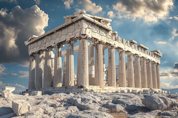 A photo of the iconic Parthenon temple, an ancient Greek monument located on the Acropolis hill in Athens, Greece, An artistic representation of the Parthenon in Greece, AI Generated