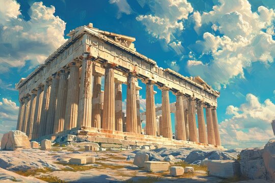 A Painting of a Detailed Section of a Section of a Section of a Section of a Work of Art, An artistic representation of the Parthenon in Greece, AI Generated