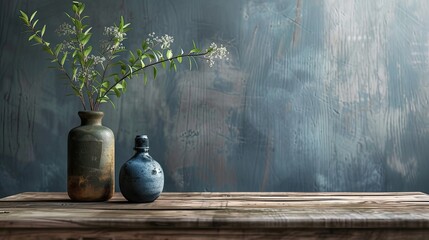layout on a wooden table which creates a rustic and organic backdrop. Natural textures such as wood and flower branches - obrazy, fototapety, plakaty