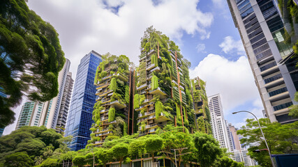 Modern skyscrapers with lush green vertical gardens showcasing sustainable architecture in an urban cityscape.