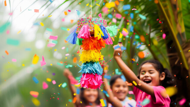Happy children hitting a colorful pinata during an outdoor birthday party celebration with confetti in the air.