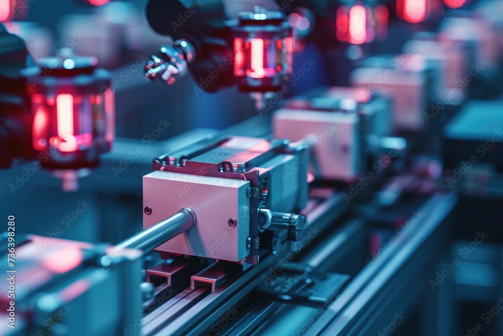 Poster a machine with various red lights is seen in an industrial setting, an assembly line of blocks repre