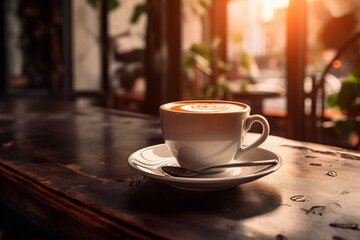 Obraz premium Cup of coffee. Coffee beans background. Cozy good morning. Cafe