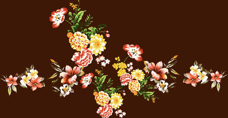 digital textile design motif with geometrical border and ethnic style decoration with botanical flowers and ornament