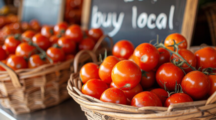 ripe red tomatoes in wicker baskets with a 'buy local' sign in the background