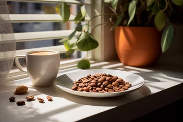 Foto op Aluminium Cup of coffee. Coffee beans background. Cozy good morning. Cafe © Aleksandr
