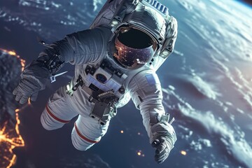 An astronaut floats weightlessly in the air above the Earth, performing a spacewalk, An astronaut in a silvery space suit suspended in zero gravity, with a backdrop of the glowing earth, AI Generated