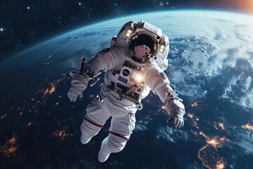 Astronaut Floating Above Earths Atmosphere, An astronaut in a silvery space suit suspended in zero gravity, with a backdrop of the glowing earth, AI Generated
