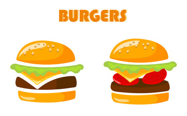 hand drawn burger with meat, vegetables, cheese, tomatoes and lettuce. Illustration for cafes, restaurants, fast food, food stores. Vector illustration, eps10, isolated.

