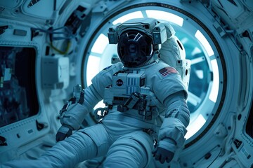 A man wearing a space suit sits inside a space station, surrounded by high-tech equipment and zero gravity, An astronaut robot floating in a space station, AI Generated