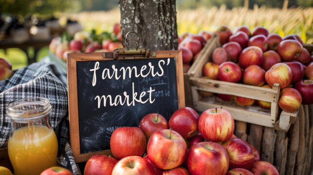 farmers' market scene, showcasing a collection of fresh red apples in a rustic wooden crate.