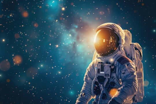 An astronaut is seen floating in outer space with a backdrop of stars, An astronaut in Scarlette spacesuit with the bright constellations glowing behind, AI Generated