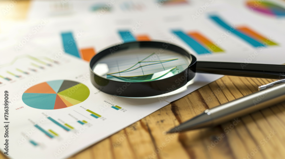 Aufkleber magnifying glass over various types of colorful business charts and graphs on paper, suggesting data