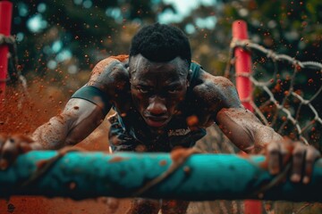 A man confidently stands on top of a basketball court, showcasing his athletic prowess and dominance, An athlete pushing their limits in an obstacle course race, AI Generated