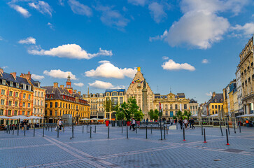 Lille cityscape, La Grand Place square General de Gaulle in historical city center, Vieille Bourse,...