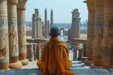 A person in a yellow robe meditates with an ancient Egyptian temple in view.