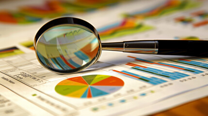 magnifying glass over various types of colorful business charts and graphs on paper, suggesting data analysis or financial examination.