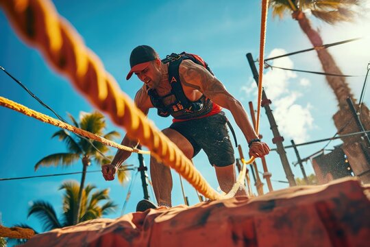 A man engaged in a high ropes activity, ascending a rope on a challenging rope course, An athlete pushing their limits in an obstacle course race, AI Generated