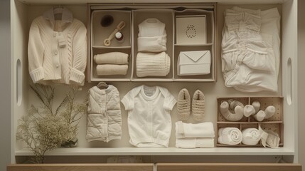 neatly organized newborn clothes and baby care accessories on a shelf or drawer, simulating how they might be organized in real life.