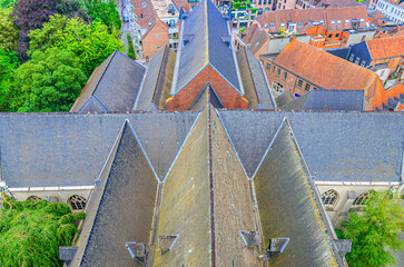 Aerial top view of roof of Saint Martin's Roman Catholic Church building in Kortrijk old town, West Flanders province, Flemish Region, Belgium