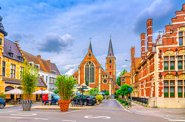 Saint Michael's Roman Catholic Church building with spires Sint-Michielskerk van Kortrijk in historical city centre, Kortrijk old town, West Flanders province, Flemish Region, Belgium