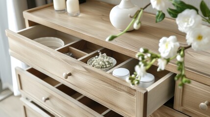 Fototapeta na wymiar open wooden box, open drawer of a wooden bedside table or cabinet.
