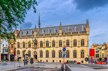 Kortrijk City Hall late-Gothic early Renaissance architecture style building with statues Counts of Flanders, Town Hall Courtrai in historical city centre, Kortrijk old town, Flemish Region, Belgium