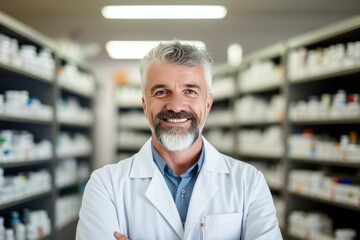male Caucasian pharmacist stands in medical robe smiling, Portrait of smiling mature male pharmacist standing in pharmacy drugstore,AI generated