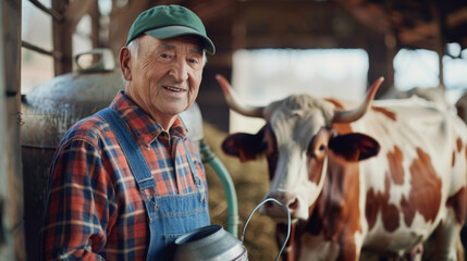 smiling elderly farmer in a plaid shirt and denim overalls is holding a metal milk pail, standing next to a cow with long horns inside a barn.