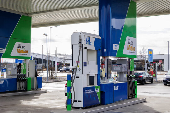 Hydrogen dispenser at the OMV filling station in Germany at the Autohof in Derching near Augsburg, 14 February 2024