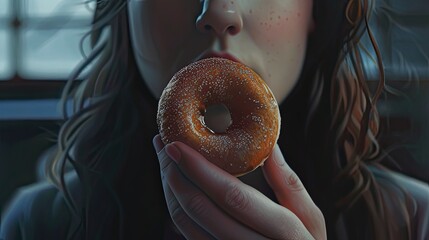 woman's hand holding a donut in a natural and relaxed gesture.