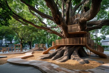 A vibrant playground with a prominent tree standing in the middle, surrounded by children playing on various equipment, An eco-friendly playground centered around a large, ancient tree, AI Generated - Powered by Adobe