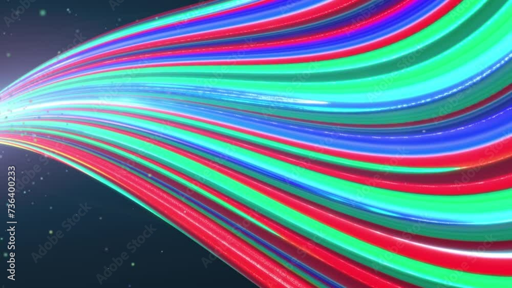 Sticker colorful abstract wave with particle flowing on dark background. big data, graphic backdrop animatio