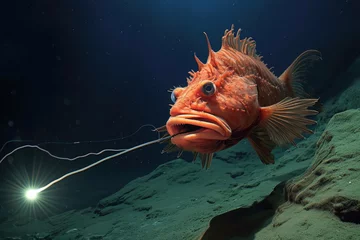 Fotobehang A detailed view of a fish swimming in a body of water, An eerie deep-sea Anglerfish using its bio-luminescent lure to attract prey, AI Generated © Iftikhar alam