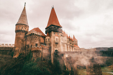 Corvin Castle autumn mood fog, Hunedoara, Hunyad Castle, Transylvania, Romania, Europe.