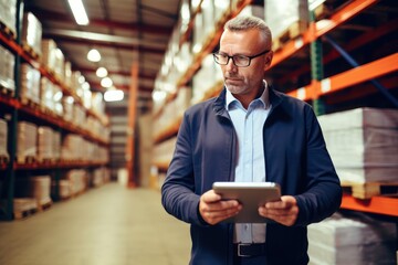 Portrait of mature businessman using digital tablet in warehouse. This is a freight transportation and distribution warehouse. Industrial and industrial workers' concept, AI generated