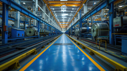 Obraz premium A team workers working at technology production factory with industrial machines