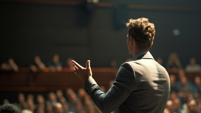 male speaker is presenting to an audience, seen from behind with a spotlight illuminating him and the crowd in the background blurred out.